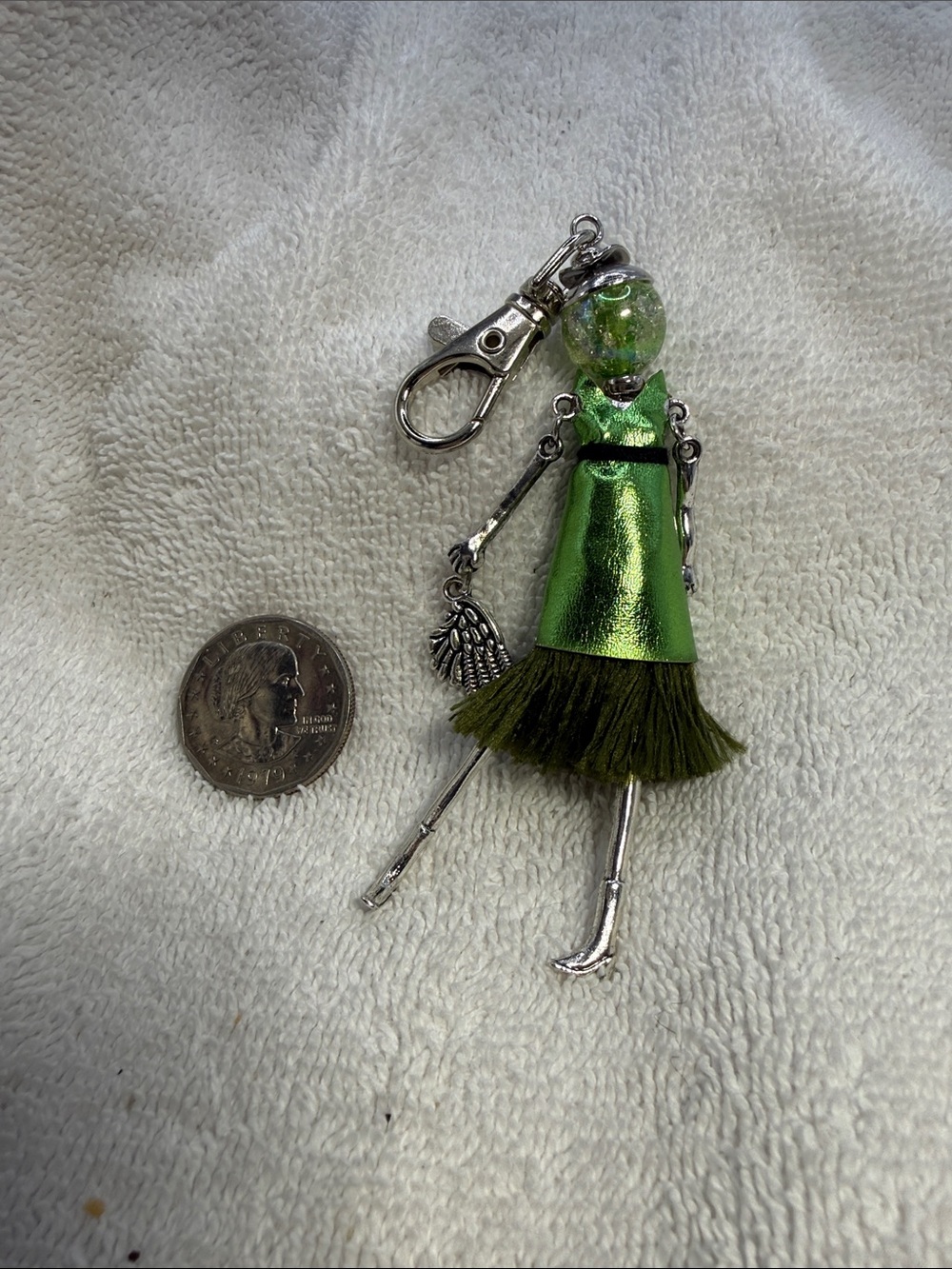 Green Doll Tassel Keychain or Card Charm - Metallic Green